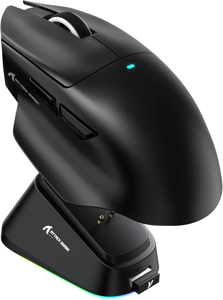 Black lightweight ergonomic gaming mouse with magnetic charging dock