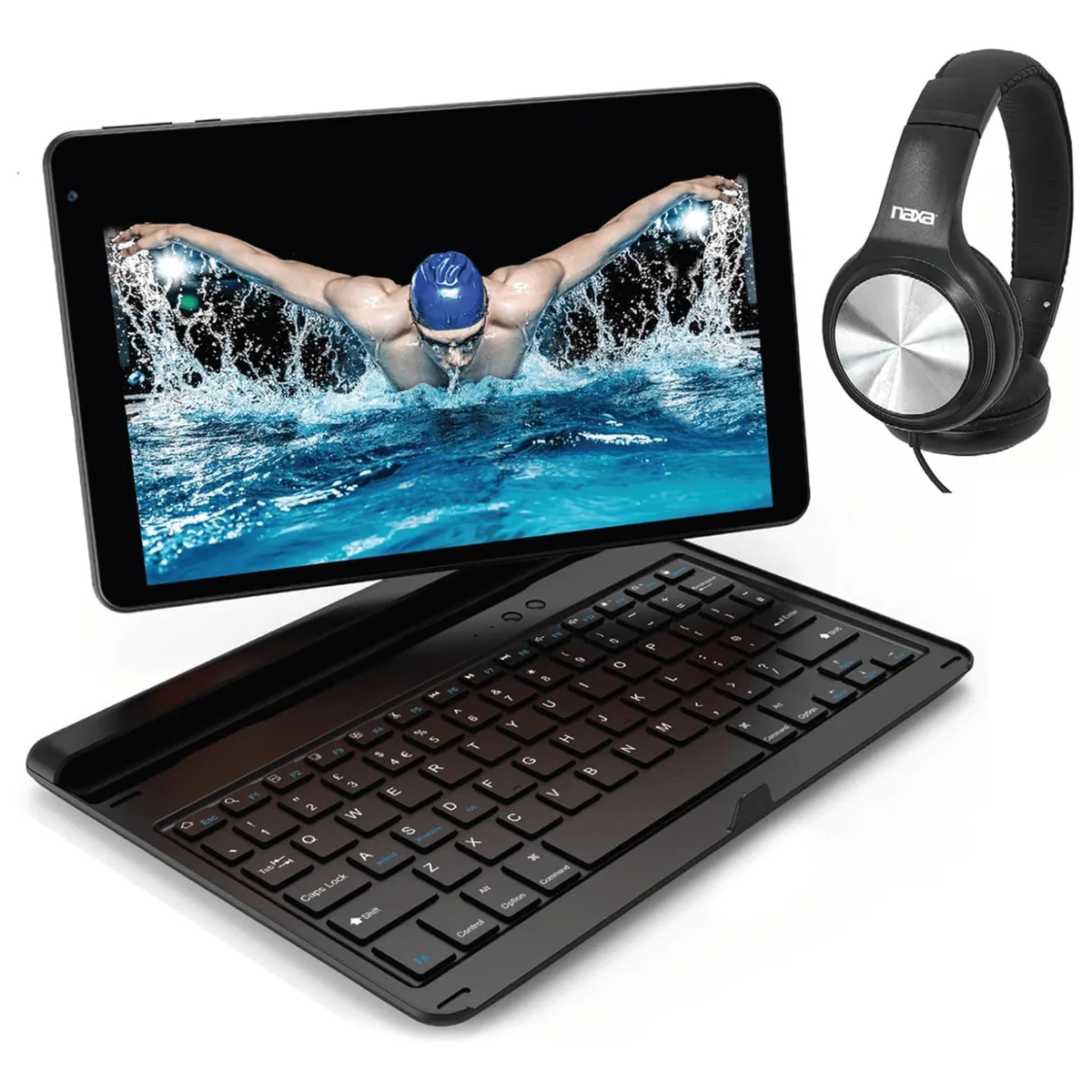 Black 10.1 inch Android 11 tablet with Bluetooth keyboard and carrying pouch