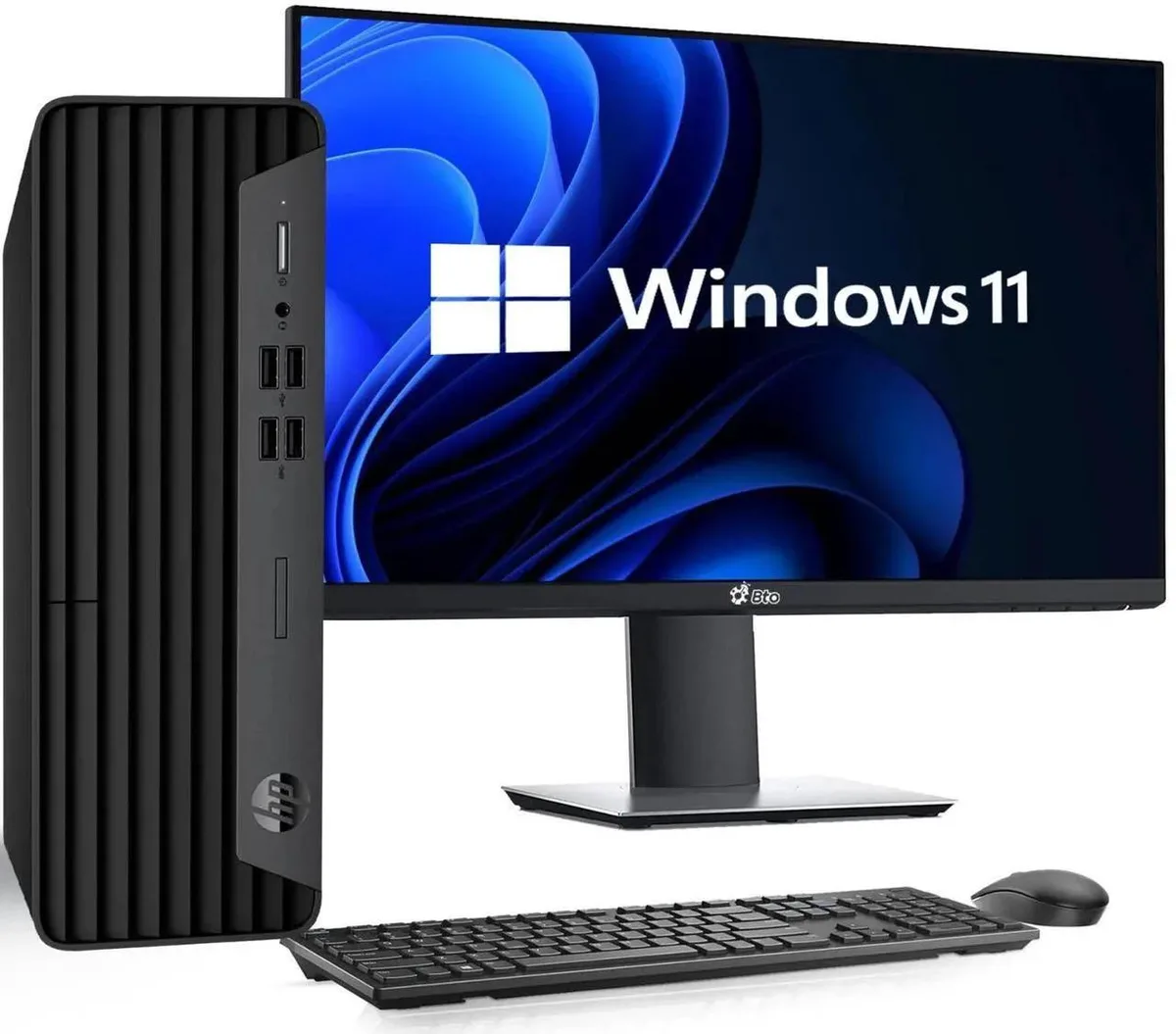 Black small form factor desktop tower with front panel ports and vents