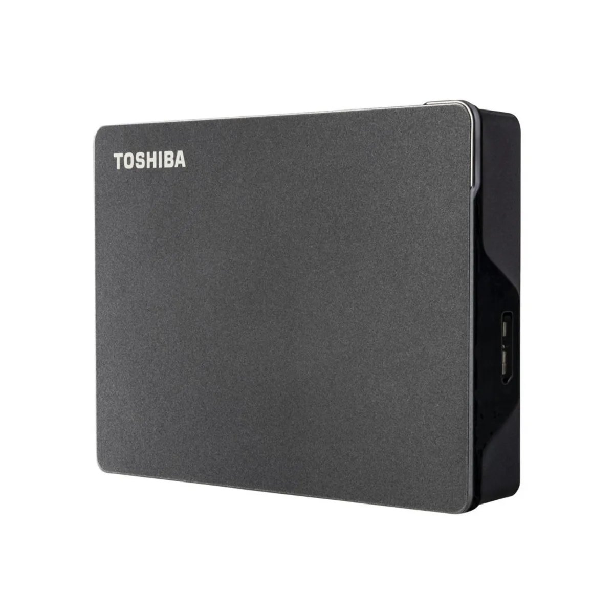Rectangular black portable hard drive with rounded edges and a subtle textured finish