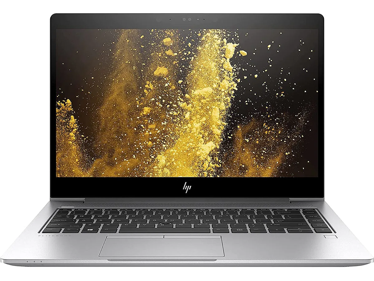 Silver HP EliteBook 840 G5 clamshell laptop, 14 inch non-touch display, matte finish