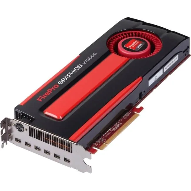 Full-length dual-slot graphics card with a black fan cooler and six mini DisplayPort outputs