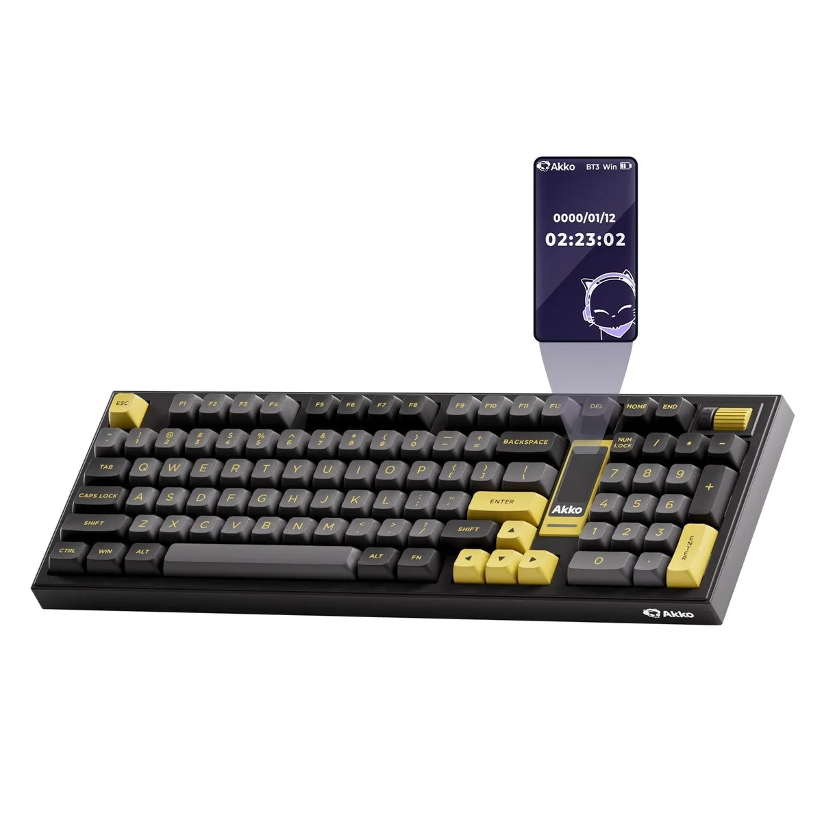 Black and gold 1800-layout wireless keyboard with 1.47 LCD screen, scroll wheel and built-in palm rest