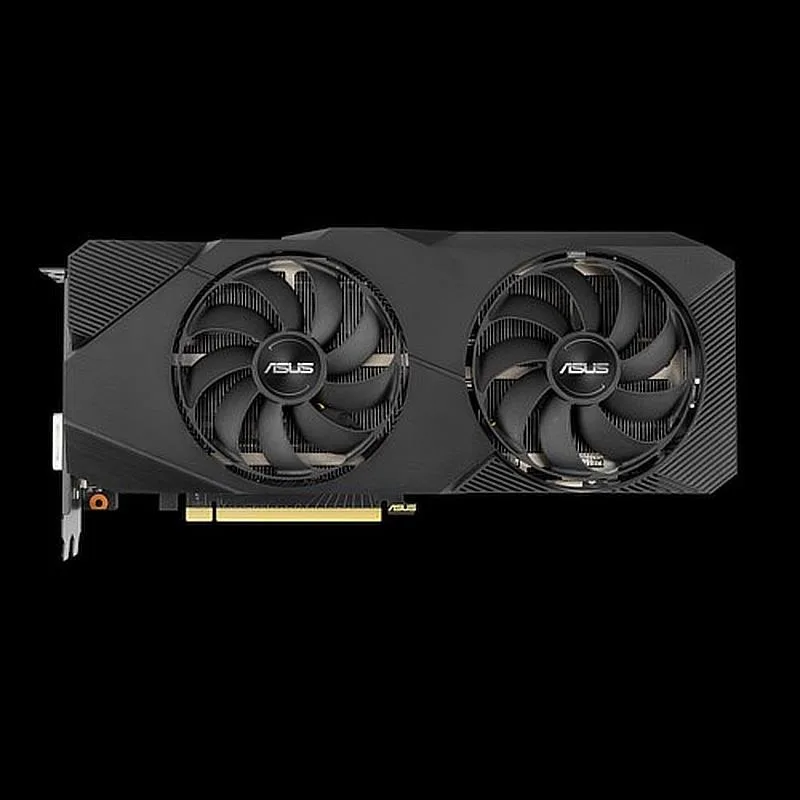 Black dual-fan graphics card with silver backplate, two HDMI, two DisplayPort, one DVI, 8-pin power