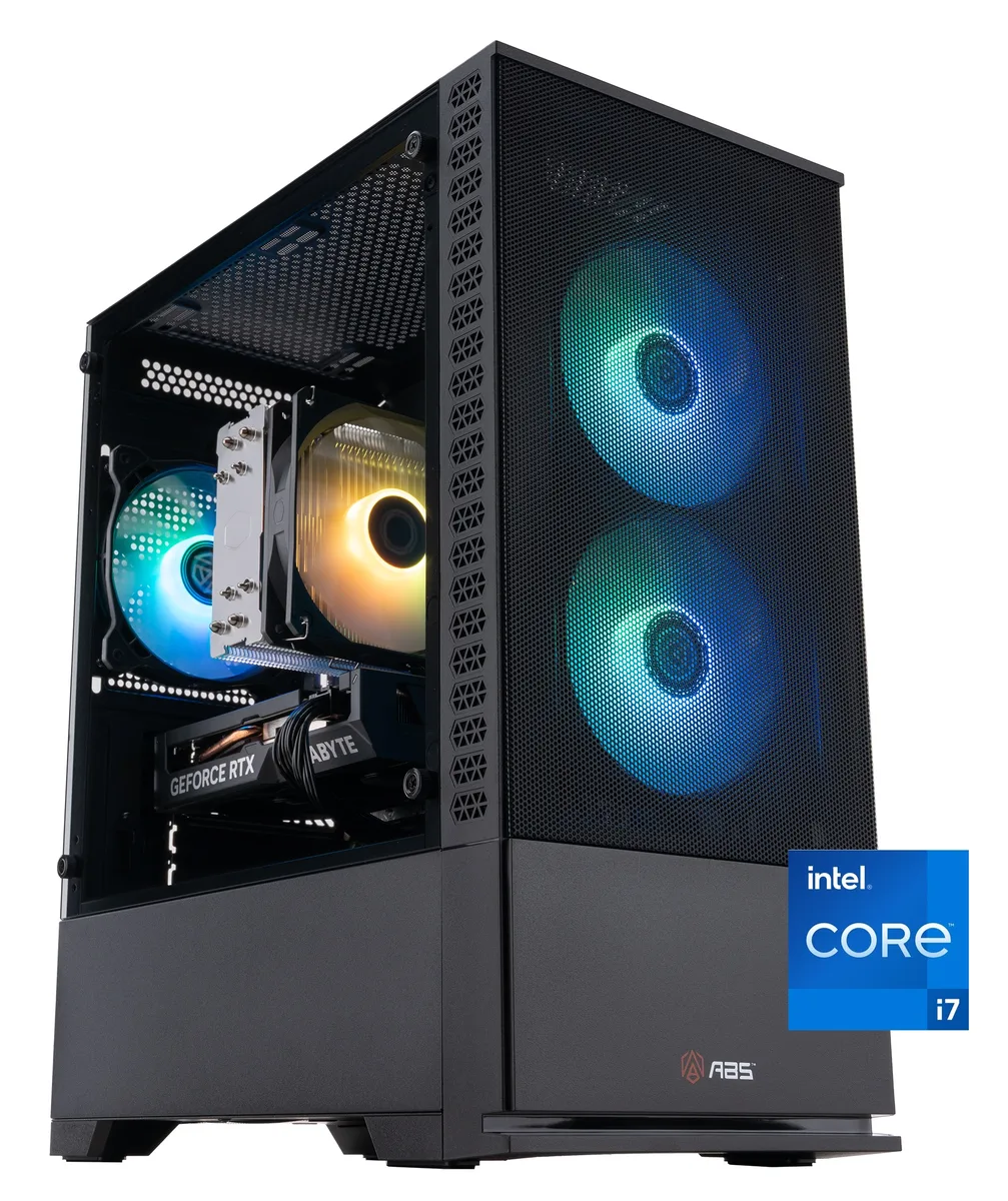 ABS Cyclone Aqua mid-tower in black with tempered glass side panel and RGB lighting visible inside