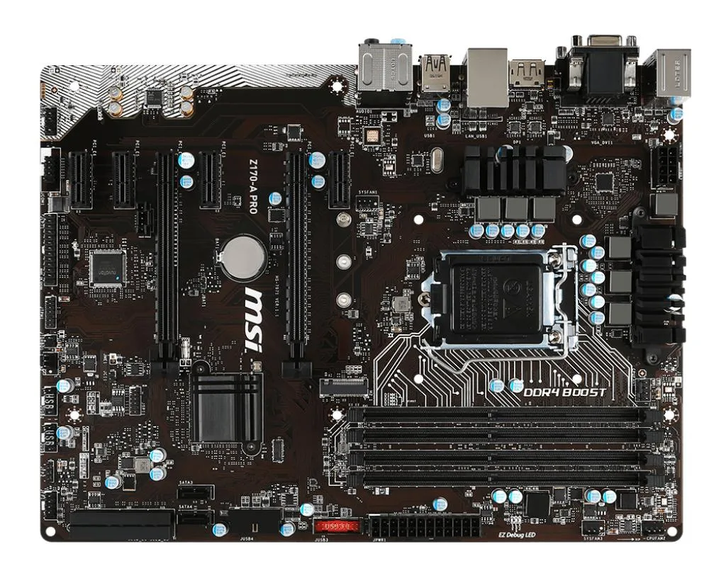 ATX motherboard in black with silver heatsinks and LGA 1151 socket
