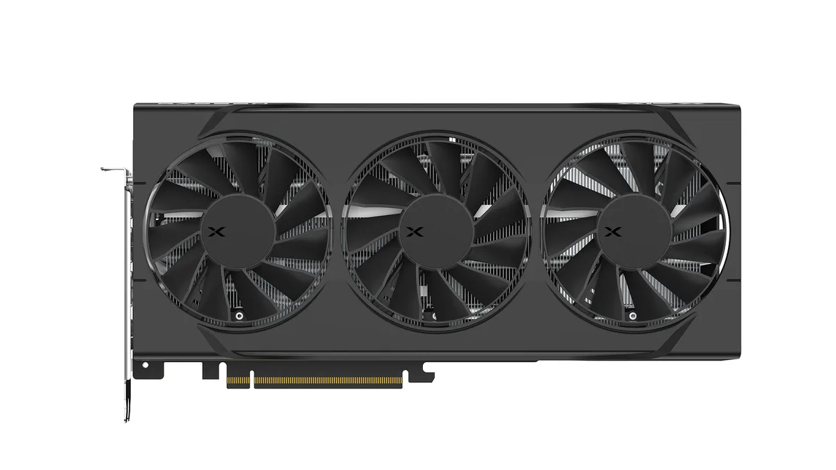 Black triple-fan graphics card, 301x153x59mm, two-slot ATX form factor