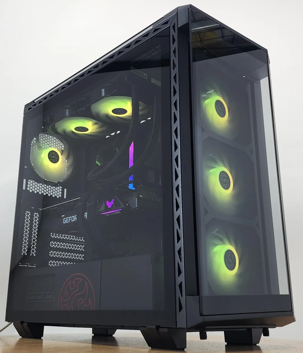White mid-tower case with glass side panel, RGB lighting visible inside
