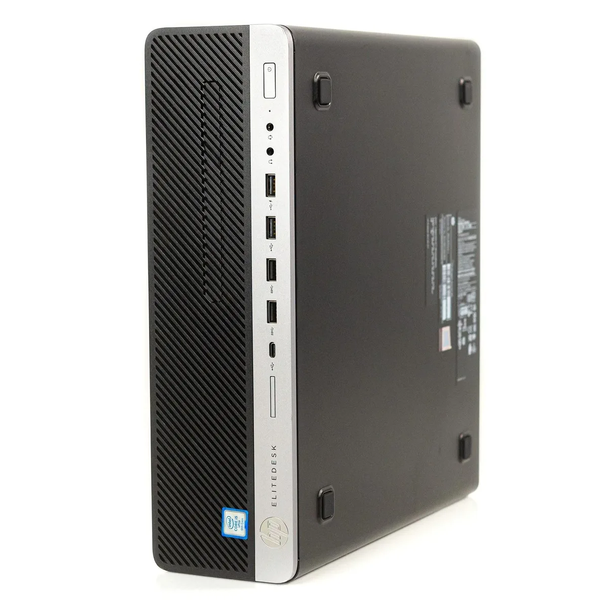Black small-form-factor desktop tower with front USB-C and DisplayPort visible