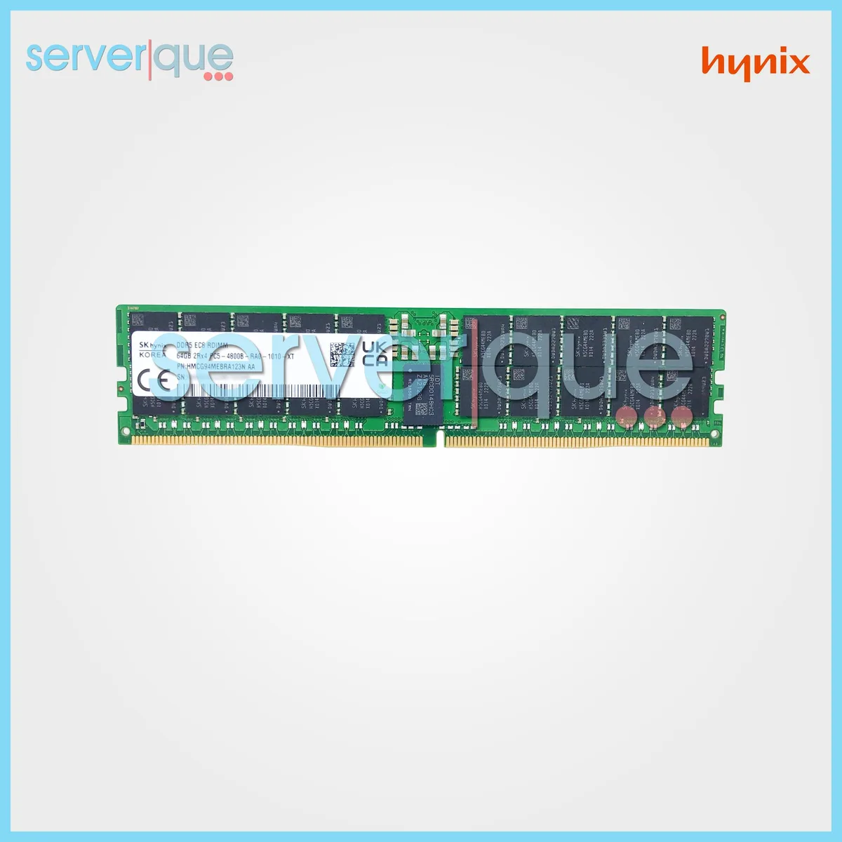 Green rectangular 288-pin DDR5 DIMM with black chips and silver heat spreader, labelled 64GB ECC Registered Dual Rank