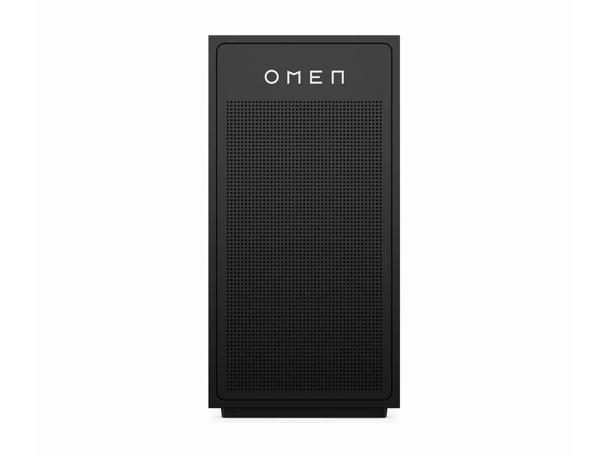Black mid-tower desktop with clean front panel and subtle OMEN branding