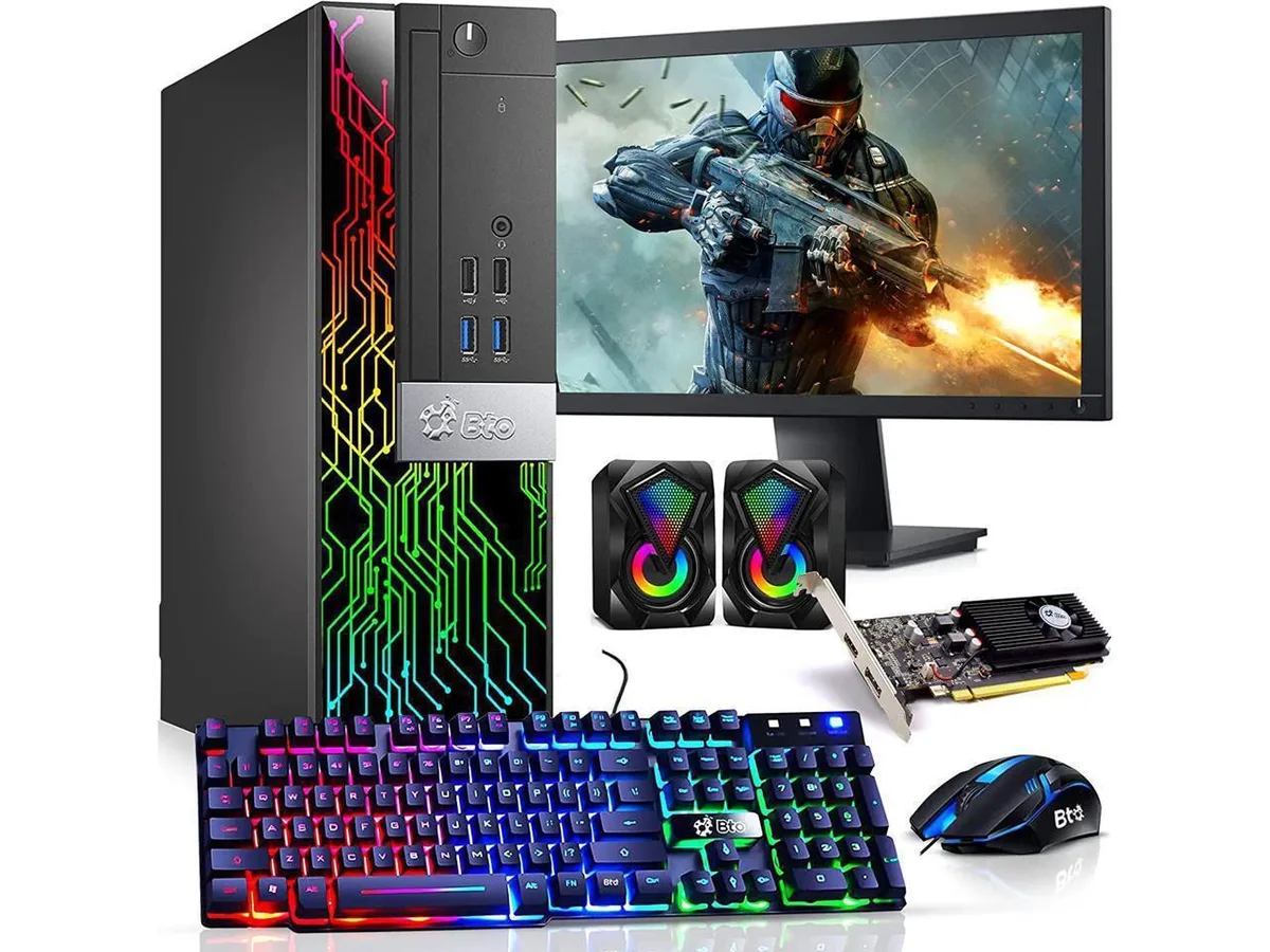 Black compact tower with RGB lighting and 22 inch monitor