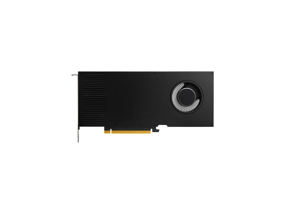 Full-height dual-slot graphics card with silver shroud and single axial fan