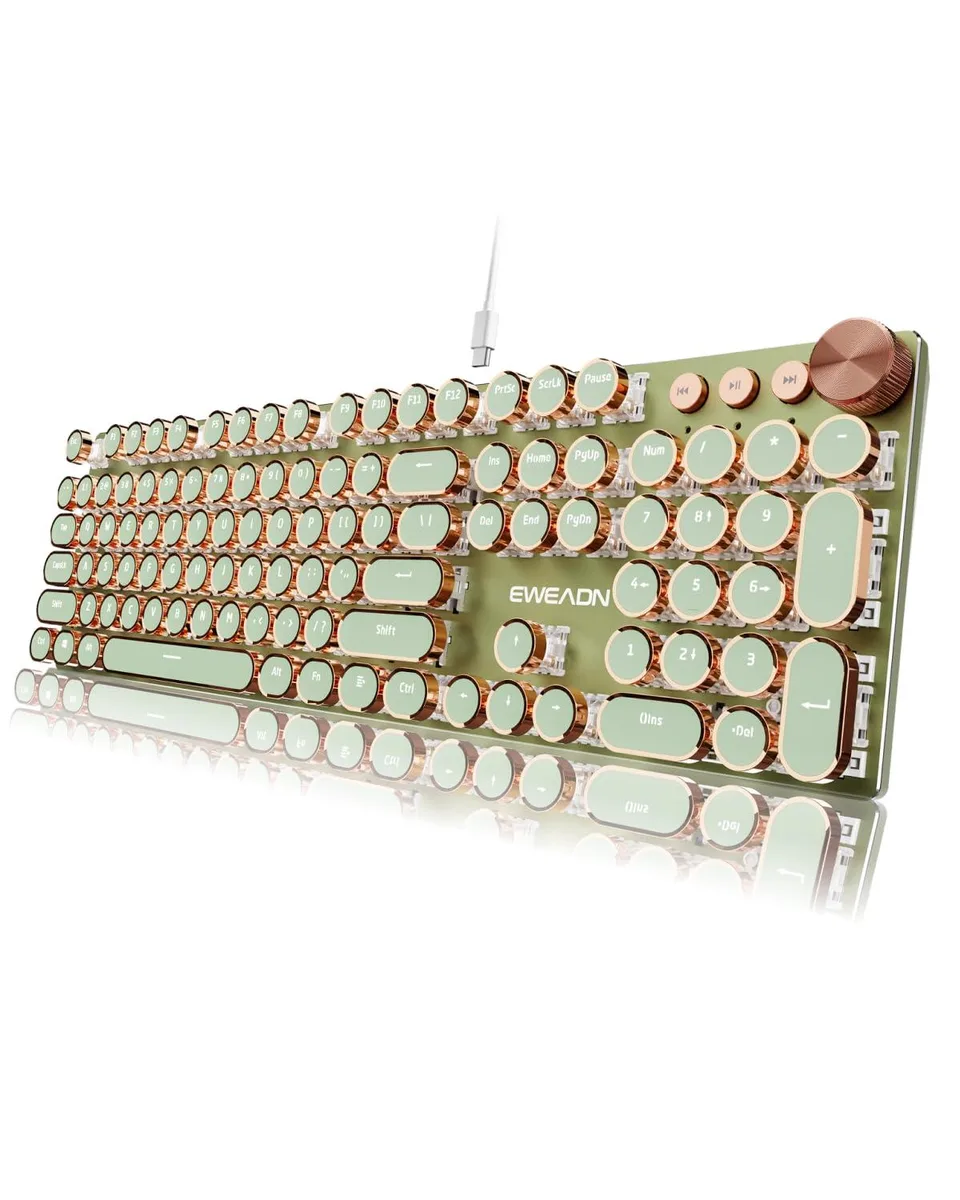 Sage green wired keyboard with round typewriter keycaps, metal panel and multimedia knob