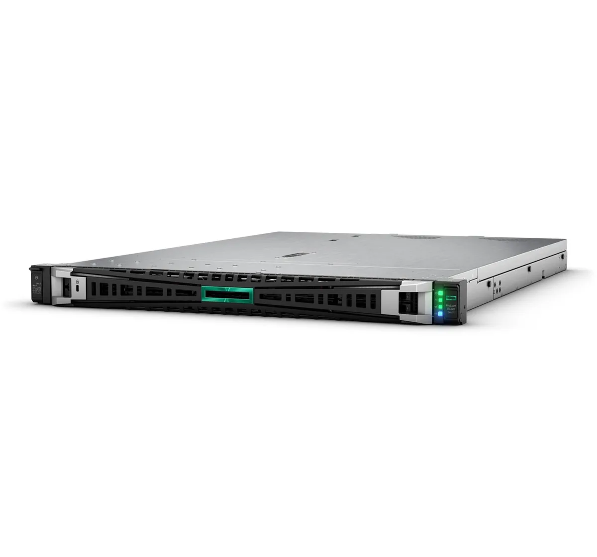 Silver 1U rack server with front drive bays and ventilation grille