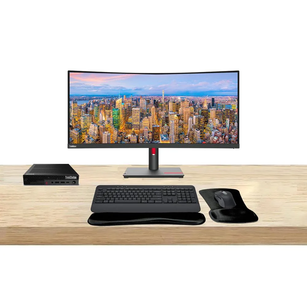 Lenovo ThinkStation P3 Tiny mini PC with 34-inch curved ViewFinity monitor, wireless MK650 keyboard and mouse, gel wrist rest