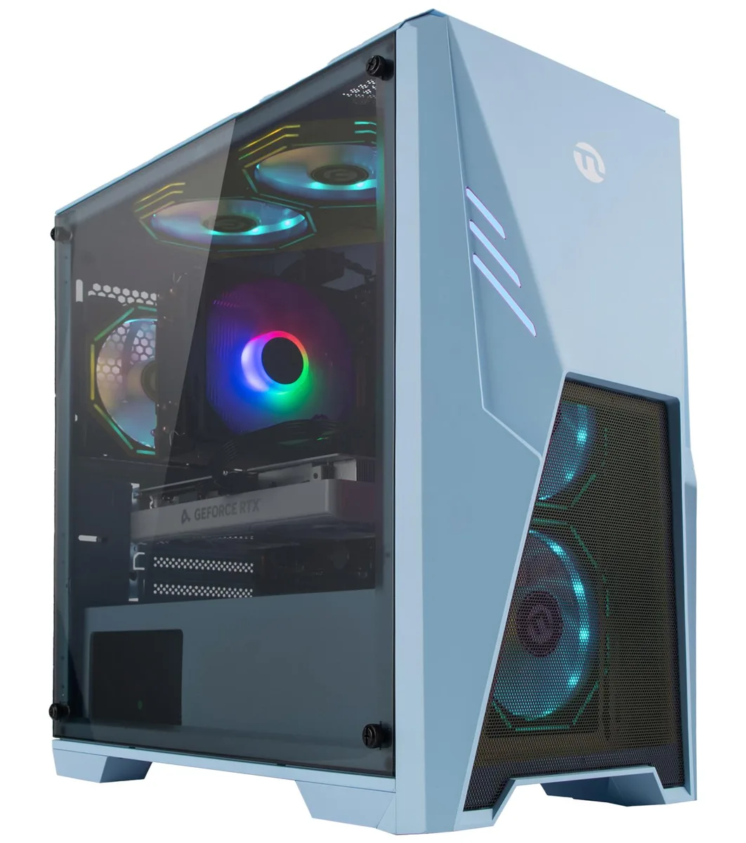 Blue mid-tower desktop with RGB fans visible through glass side panel