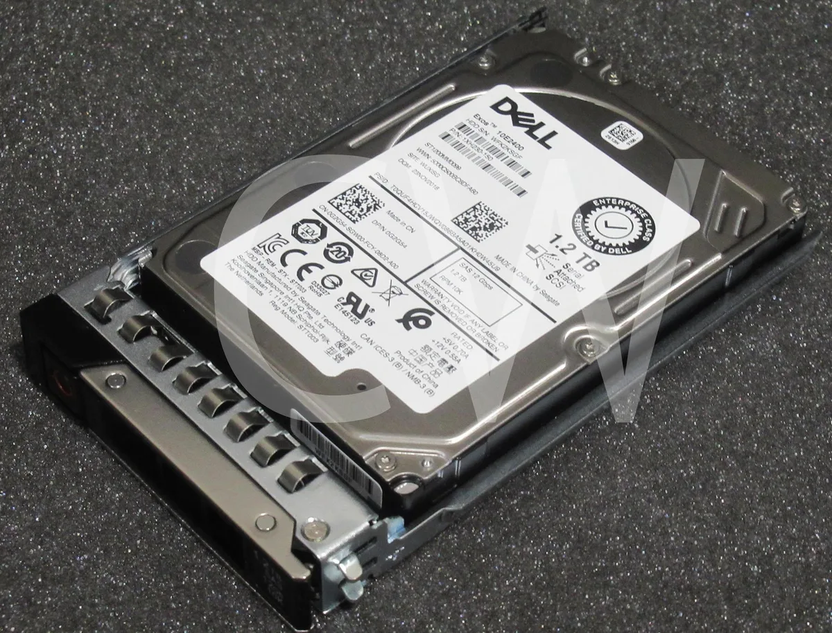 A 2.5 inch SAS hard drive in a black metal caddy tray