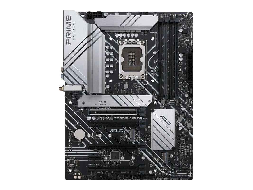 ASUS PRIME Z690-P WIFI D4 ATX motherboard, matte black PCB with silver heatsinks and rear I/O shield