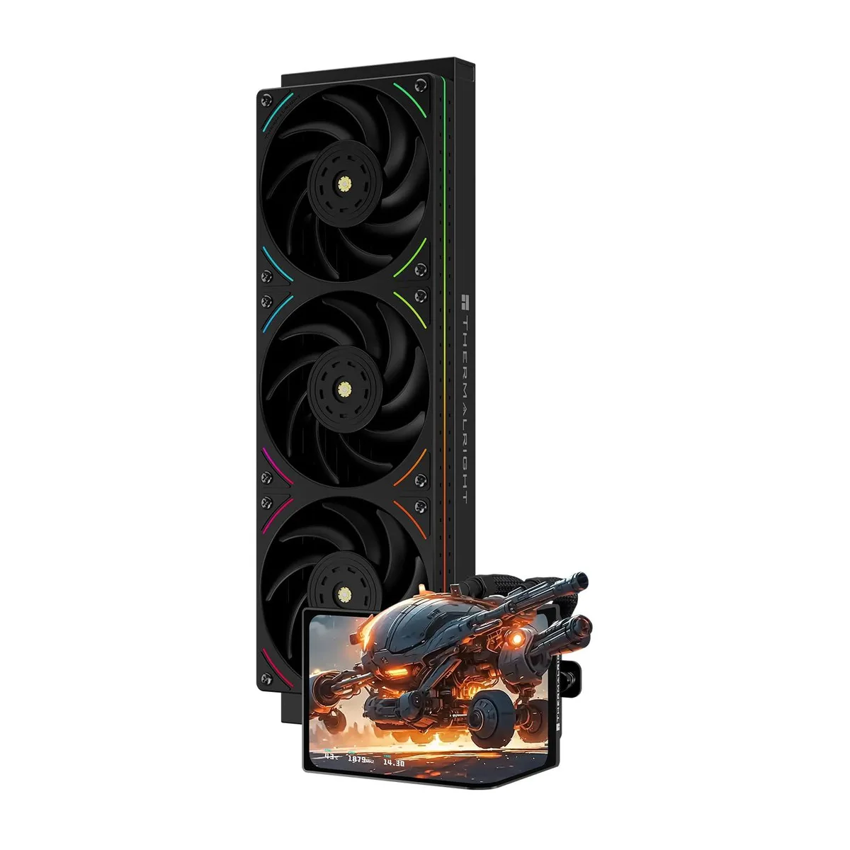 Black rectangular pump with a 6.67 inch LCD screen, three 120 mm fans on a 360 mm radiator