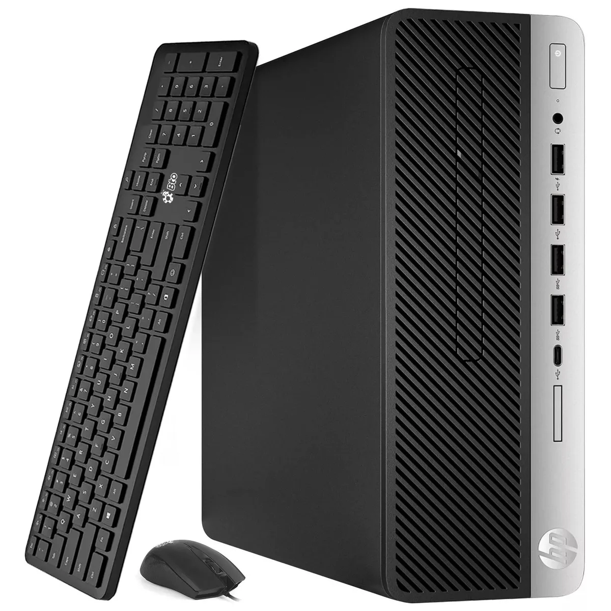 Compact black and silver SFF desktop tower with front ports