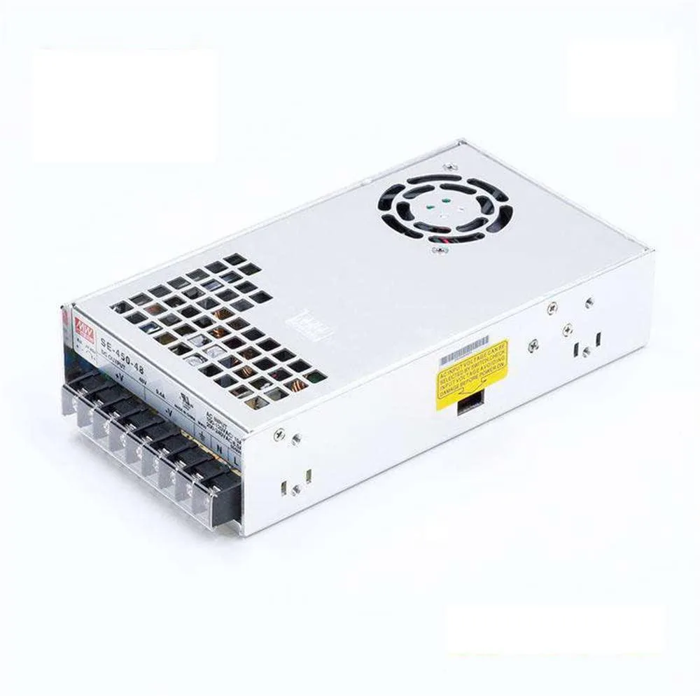 Rectangular metal power supply with built-in fan and terminal connections