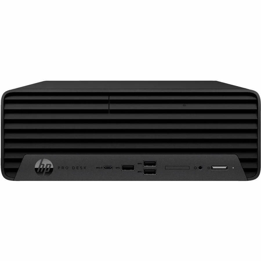 Compact black HP Pro 400 G9 SFF tower with wired keyboard and mouse