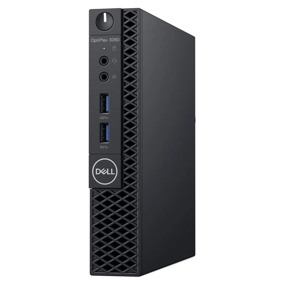 Black micro-form-factor desktop tower, compact rectangular shape with matte finish