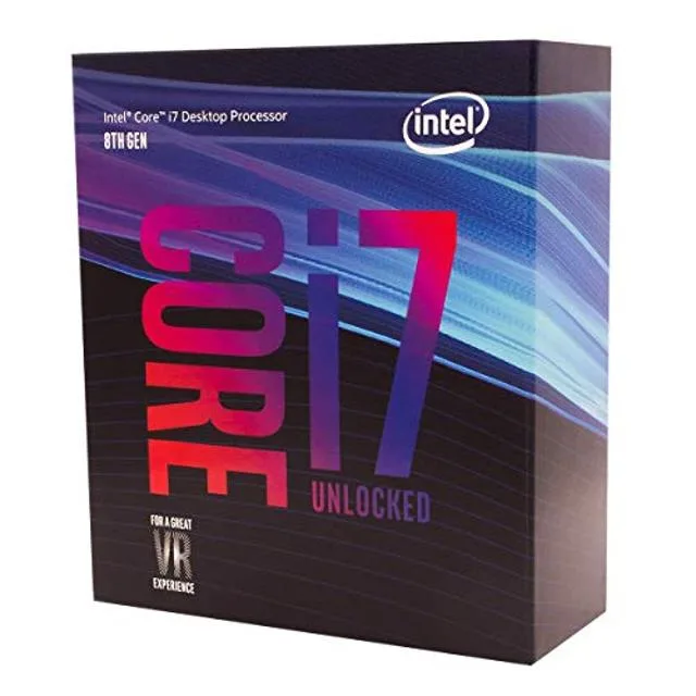 Silver square desktop processor with gold contacts and green substrate, IHS marked Intel Core i7-8700K