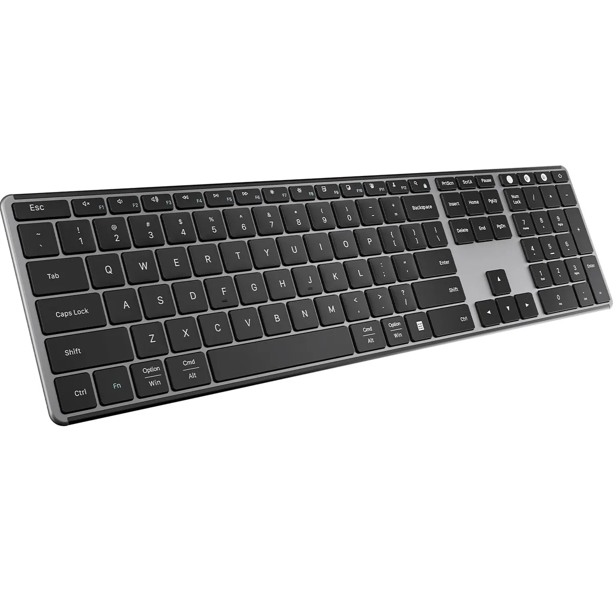 Black-grey aluminium full-size keyboard with scissor keys and matching ambidextrous mouse, ultra-slim profile