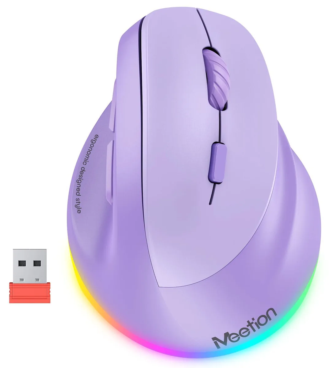 Purple vertical wireless mouse with ergonomic right-handed shape and RGB lighting