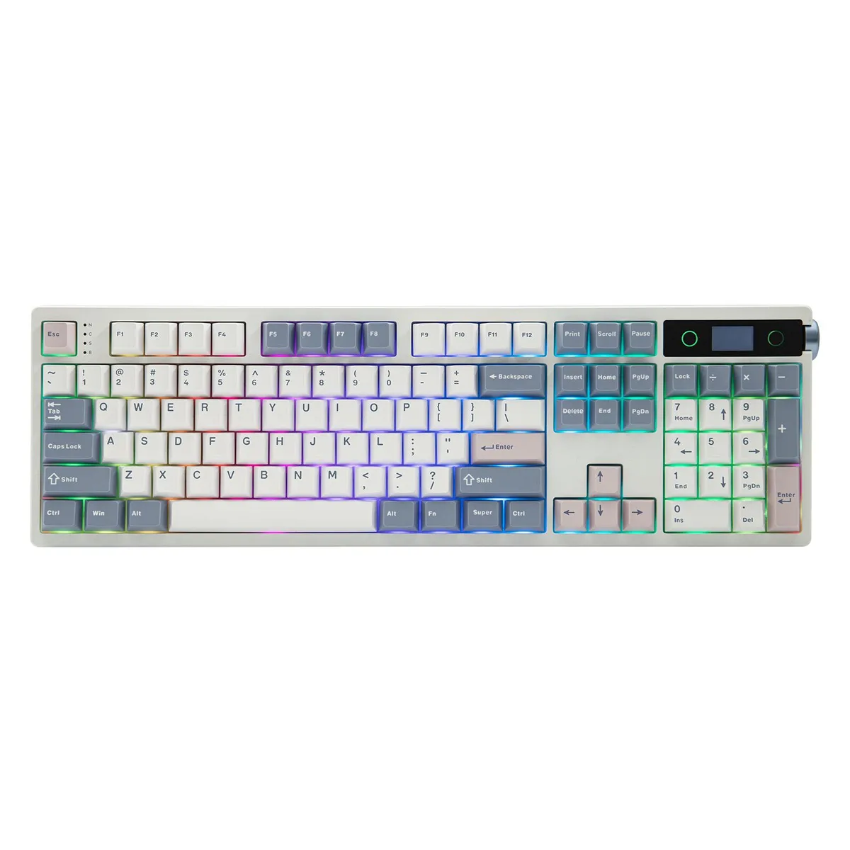 White full-size mechanical keyboard with smart screen and metal knob, PBT keycaps, gasket mount