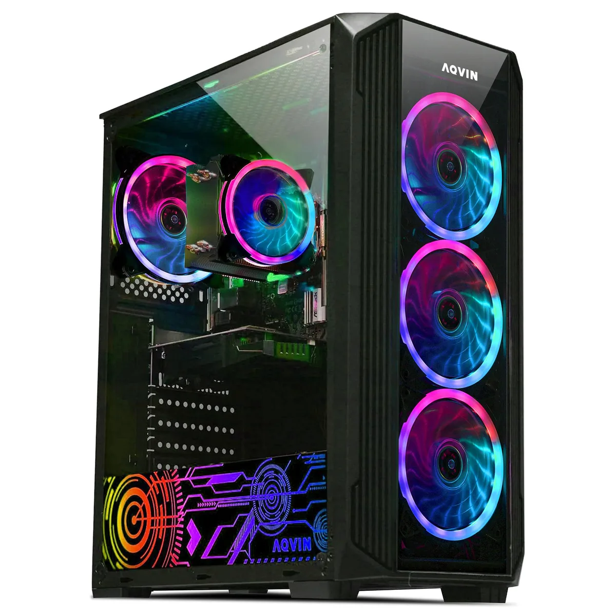Black tower gaming PC with side window, RGB keyboard and mouse