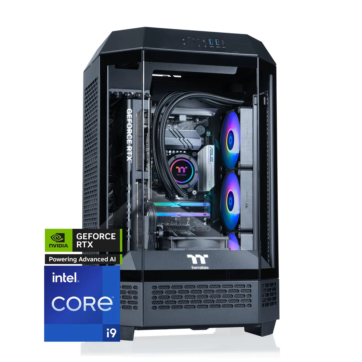 Black mid-tower gaming desktop with 360mm ARGB liquid cooler visible through tempered glass side panel
