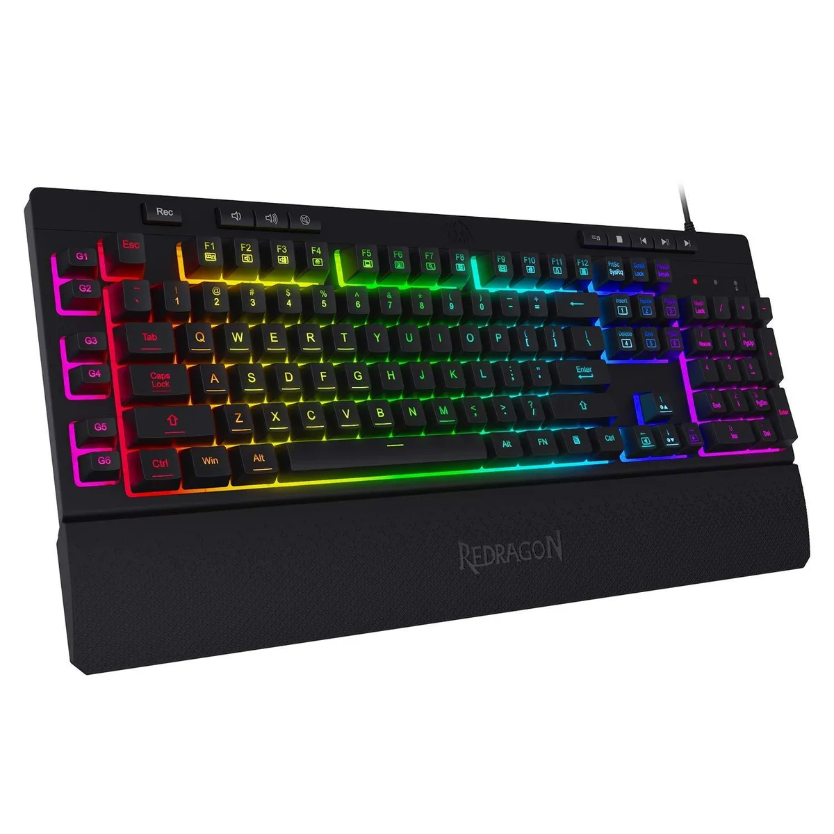Black membrane gaming keyboard with RGB backlighting, six macro keys, dedicated media controls, and detachable magnetic wrist rest