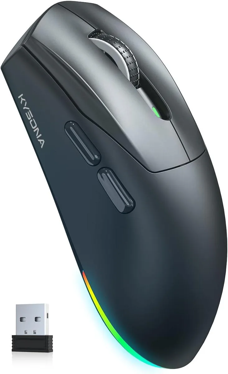 Black lightweight wireless gaming mouse with RGB lighting, 59g, tri-mode connectivity