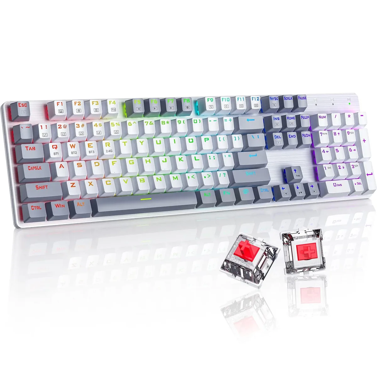 White full-size mechanical keyboard with bicolour PBT keycaps and RGB backlighting