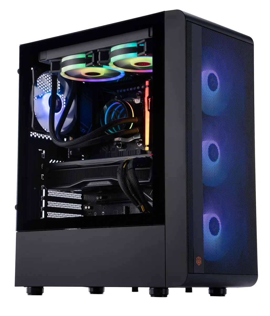 Mid-tower gaming PC in a dark chassis with glass side panel
