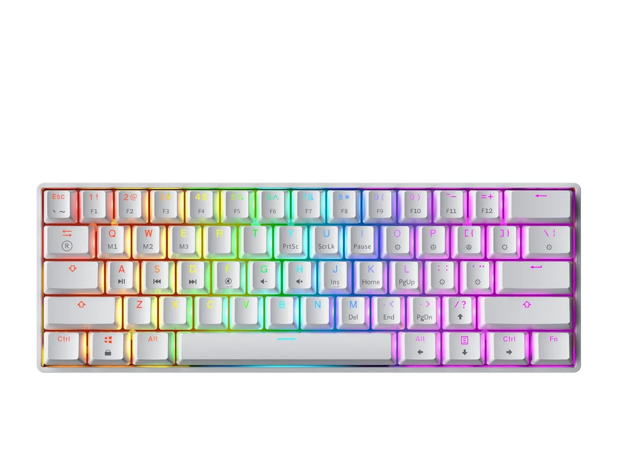 White compact 61-key mechanical keyboard with RGB backlighting and USB cable