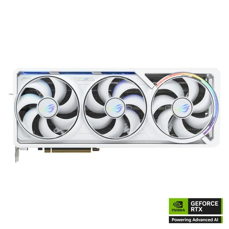 White triple-fan graphics card with silver accents and a metal backplate