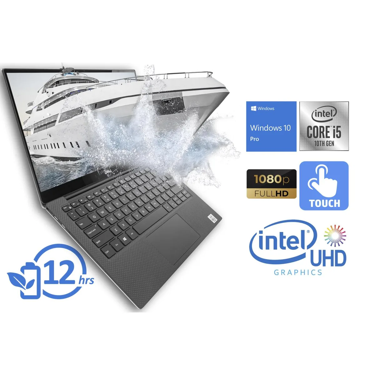 Silver Dell XPS 7390 notebook with 13.3 inch FHD touch display