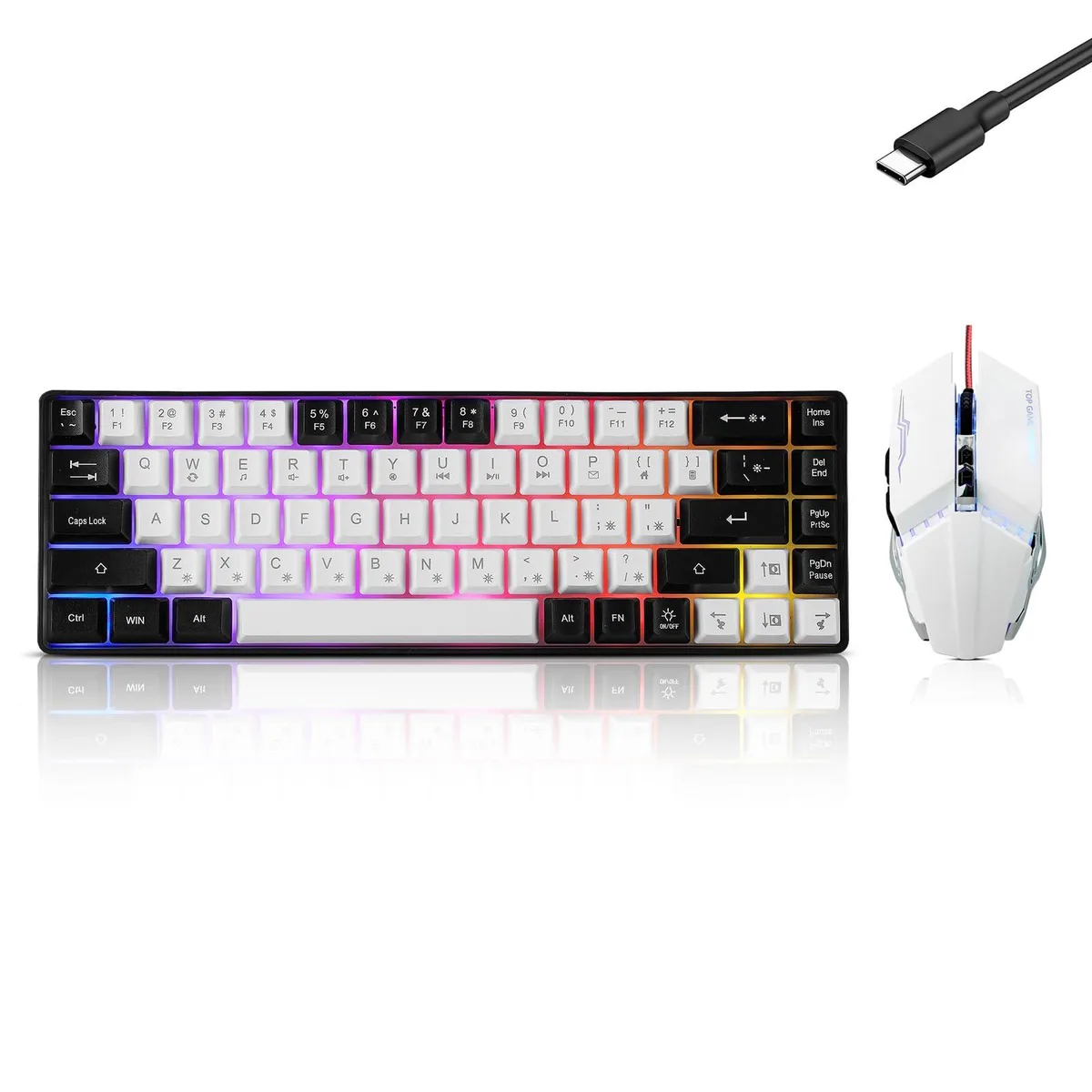 Black 60% keyboard with 61 keys and matching wired mouse