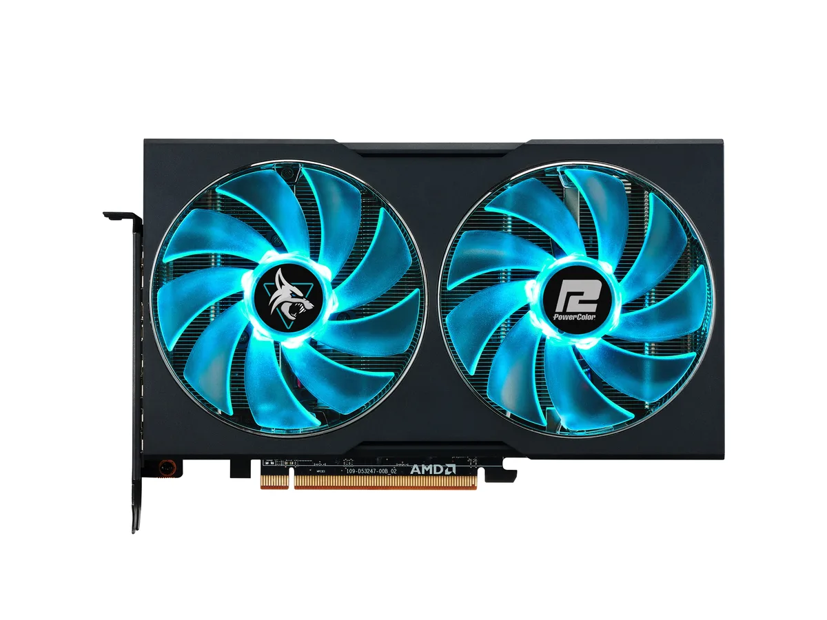 PowerColor Hellhound RX 7600 graphics card with dual fans in black and grey finish
