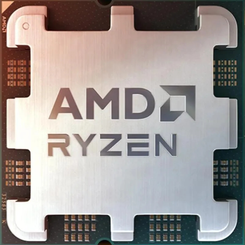 AMD Ryzen 5 7400F desktop processor in AM5 package, green substrate with gold contacts, no cooler included
