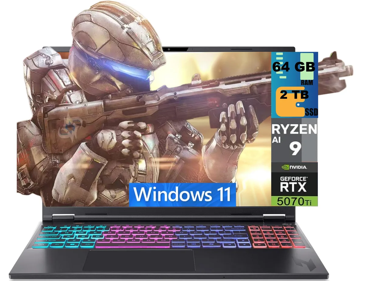 Black 16-inch gaming laptop, slim matte chassis, RGB keyboard, narrow bezels