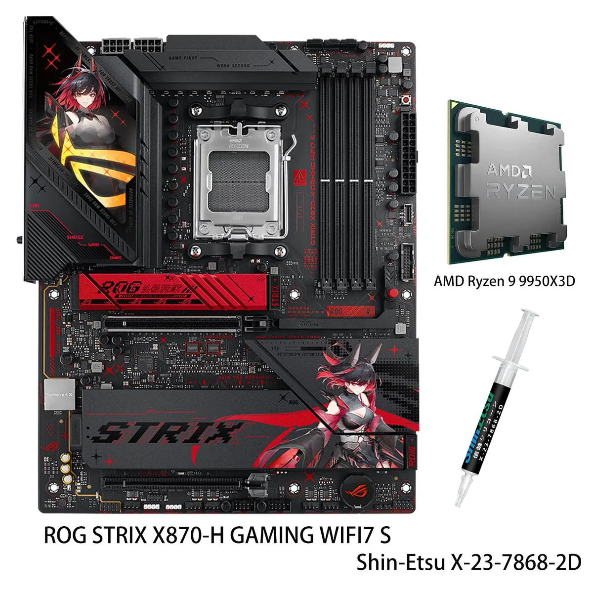 White ATX motherboard with large silver VRM heatsinks and matching Ryzen 9 9950X3D CPU in socket