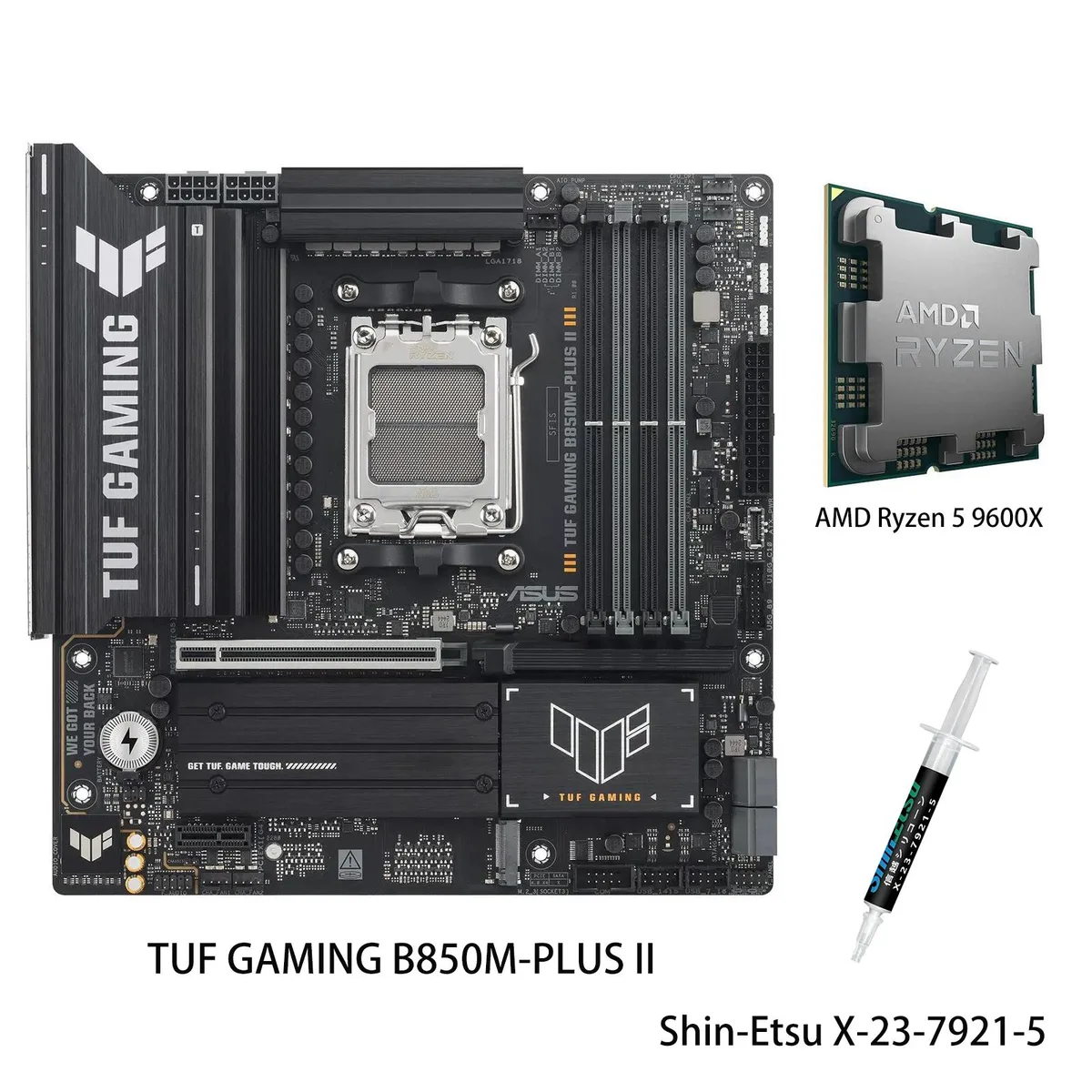 ASUS TUF Gaming B850M-PLUS II micro-ATX motherboard with Ryzen 5 9600X processor in AM5 socket
