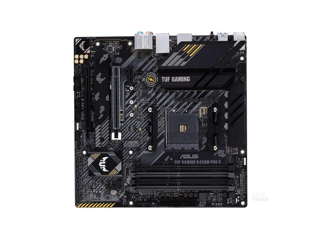ASUS TUF Gaming B450M-PRO S micro-ATX motherboard, dark PCB with grey heatsinks