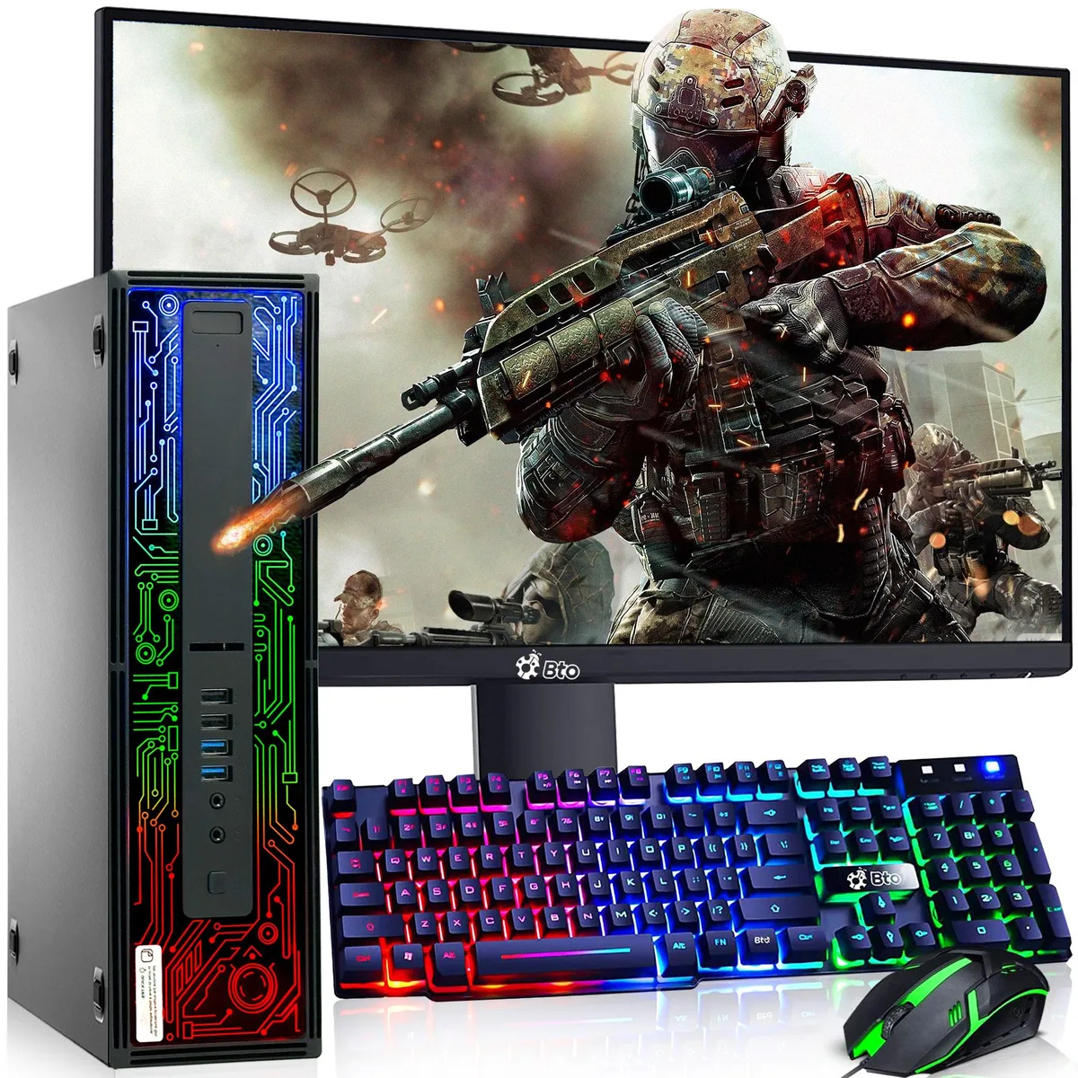 Black HP ProDesk G2 small-form-factor tower with 24-inch monitor, RGB keyboard and mouse