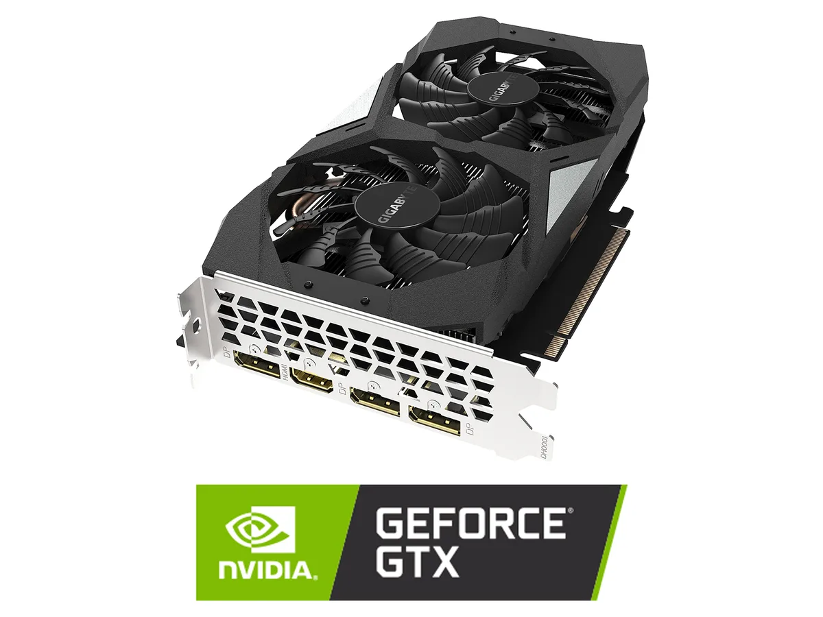 Black dual-fan graphics card with silver backplate, compact plug-in form factor